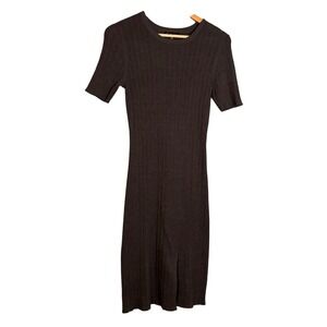 Greige Women's Grey Ribbed Knit Midi Dress Short Sleeve Casual Comfort‎ M